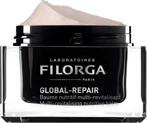 Een zwarte pot met Filorga Global-Repair voedende balsem met crème. Logo van het product is zichtbaar.