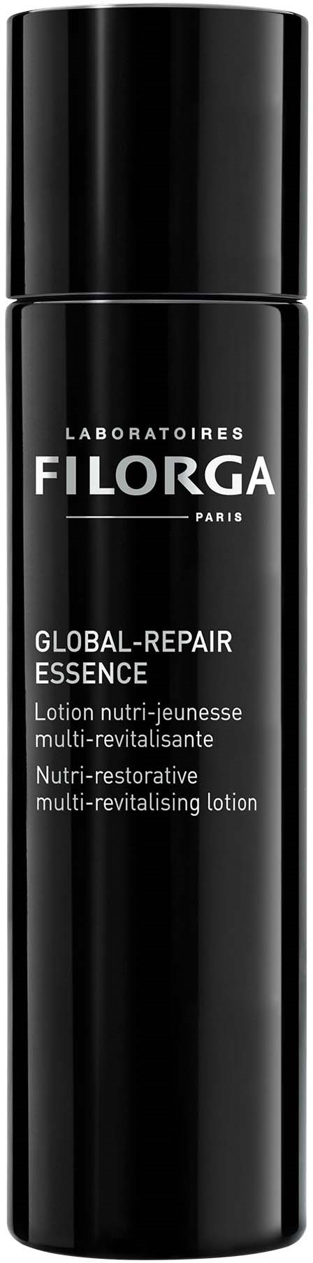 Mustavalkoinen pullo, johon on merkitty 'Filorga Global-Repair Essence' ihonhoitotuotteeksi. Se on pitkä ja sylinterimäinen, valkoisella tekstillä.