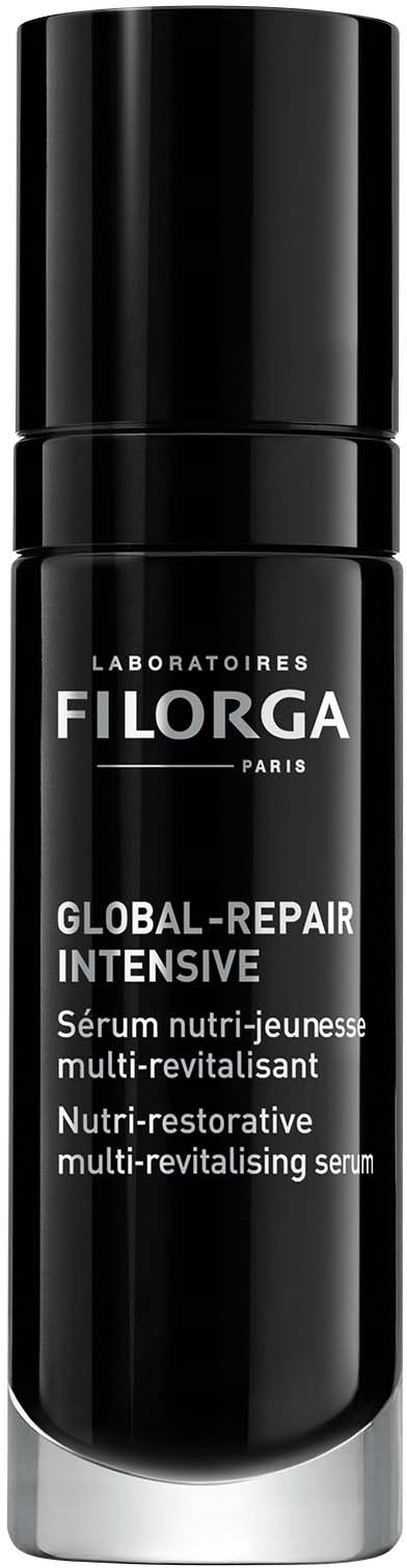 Eine schwarze Flasche mit weißen Text, bezeichnet als ein multi- revitalisierendes Serum für Haarausgleich.