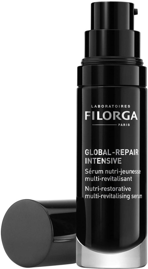 Eine schwarze Flasche mit Pumpe, Etikett 'Filorga Global-Repair Intensive Serum,' für Hautpflege. Deckel liegt daneben.