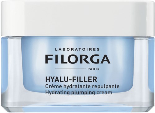 Pieni purkki kosteuttavaa ja täyteläistä voidetta nimeltä Hyalu-Filler, valmistaja Filorga, vaaleansinisellä ulkoasulla.