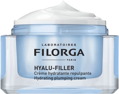 Lusikkapurkki Filorga Hyalu-Filler -kosteuttava voide, valkoinen kansi ja sininen etiketti.