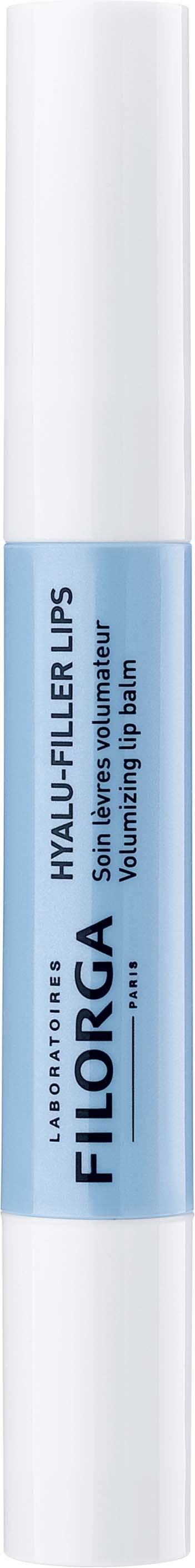 A white and light blue tube of FIORGA Hyalu-Filler Lips volumizing lip balm. The text is visible on the tube.