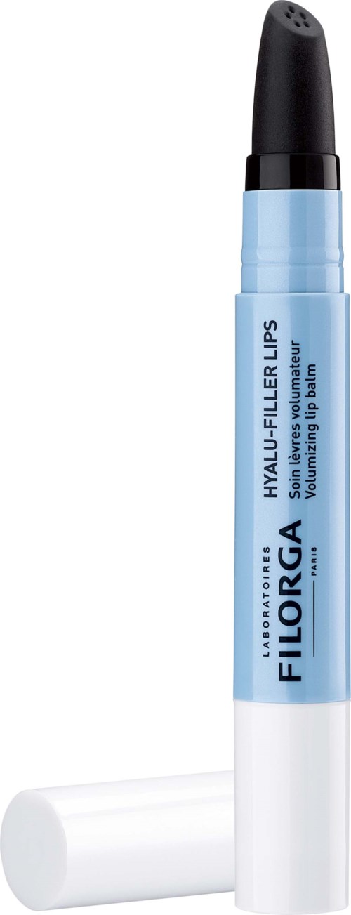 A blue and white pen-like tube with a black cap, labeled 'FLUORGA'. It is a lip volume-boosting product.