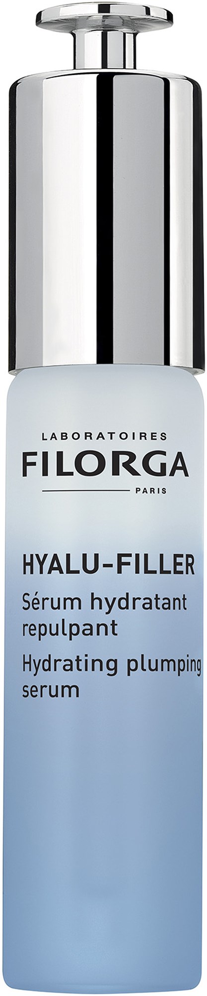 Ein blauer hydratisierender Serum in einer eleganten Flasche mit silberner Kappe, beschriftet 'HYALU-FILLER' von FILORGA.