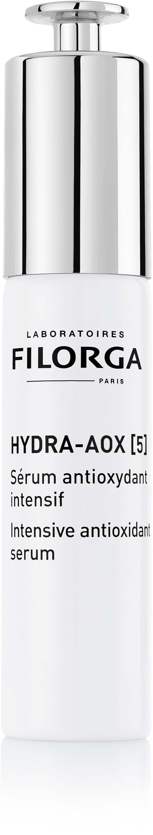 Een witte en zilveren fles huidverzorgingsserum met pomp, gemarkeerd Filorga Hydra-Aox antioxidanten serum.