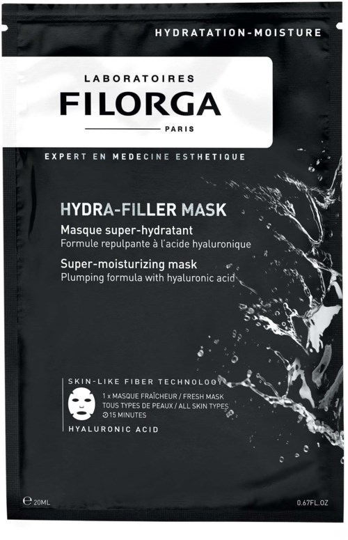 Paket med ansiktsmask i svartvitt med titeln 'Filorga Hydra-Filler Mask' och vattensplash-design samt information om dess återfuktande egenskaper.