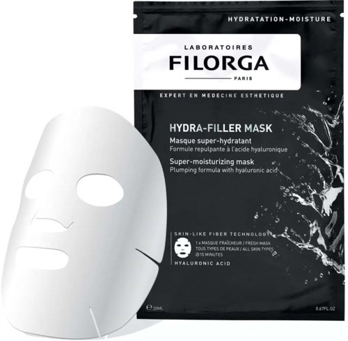 En förpackning för Hydra-Filler Mask, en superfuktande ansiktsmask med hyaluronsyra från Filorga Paris, 20 ml.