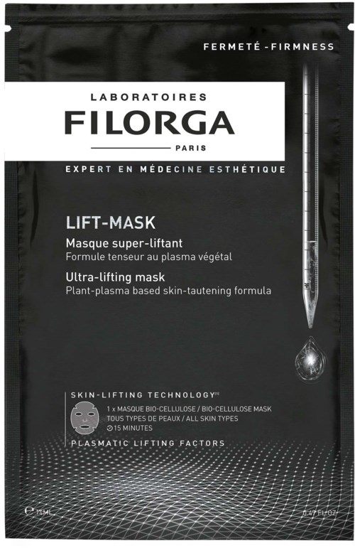 Ein schwarz-weißes Paket mit FILORGA Lift-Mask, Beschreibungen, Tropferbild und Text zur Hautpflege-Technologie.