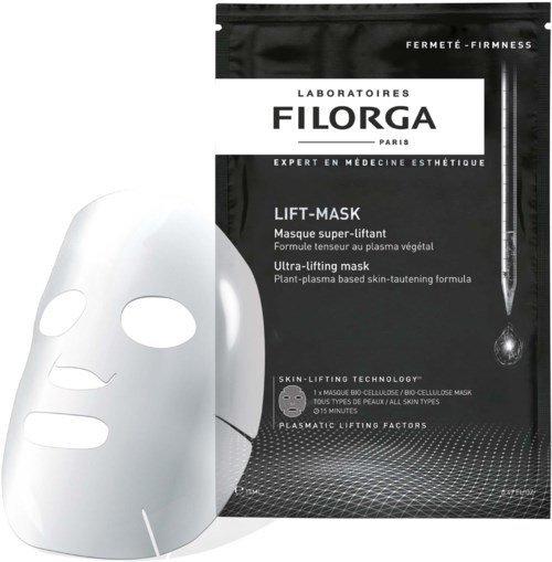 Schwarze und weiße Gesichtsmaske-Verpackung mit Maske und Text über Anti-Aging-Vorteile, Technologie und Inhaltsstoffe.