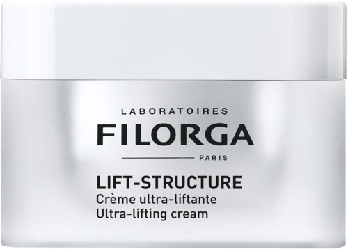 Ein weißer Behälter mit der Aufschrift 'Filorga Lift-Structure Ultra-Lifting Cream' in schwarzer Schrift, zeigt Produktdetails.

