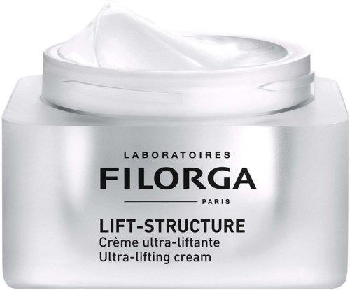 Ein Behälter mit weißer, glatter Creme, beschriftet 'Filorga Paris Lift-Structure Ultra-lifting cream.'