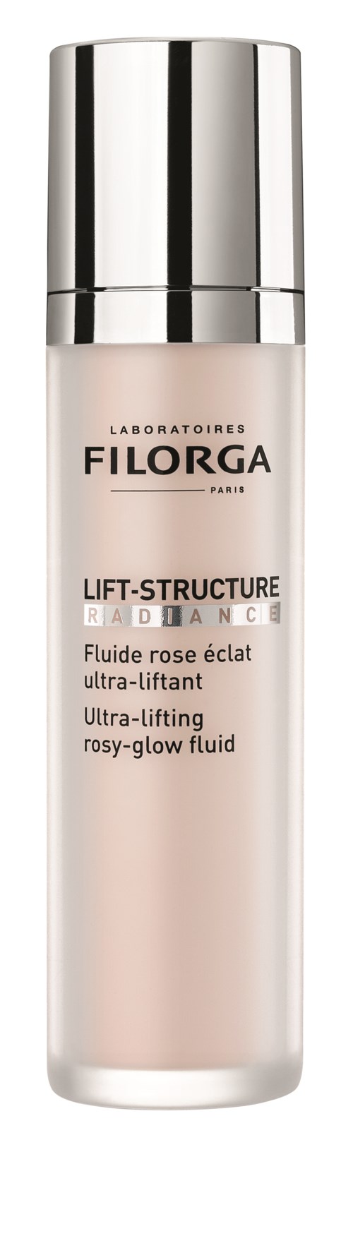 A tall, slim bottle with a silver cap, containing pinkish pump fluid, labeled as Filorga Lift-Structure Brightance.