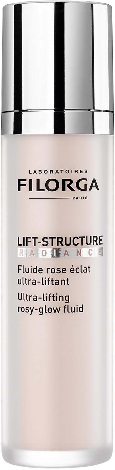 A tall, white bottle with a shiny silver cap, labeled as Filorga's ultra-lifting rosé glow fluid.