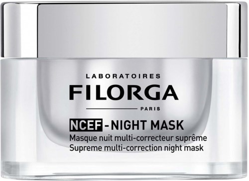 Een witte pot met nachtmasker met zwart en zilver tekst van Filorga, gelabeld als NCEF Night Mask voor huidverzorging.