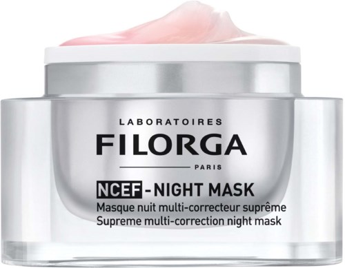 Een zilveren en doorschijnende pot met roze nachtcrème met label 'Filorga NCEF Night Mask'.