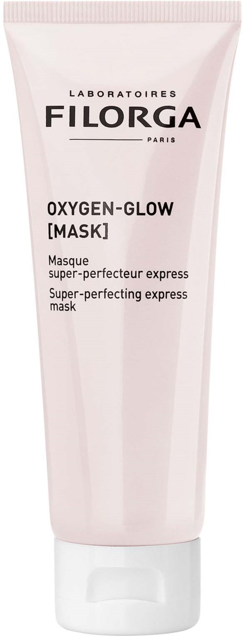 Vaaleanpunainen putki, jossa on mustaa ja valkoista tekstiä, ja se sisältää kasvonaamio nimeltä Oxygen-Glow by Filorga Paris.
