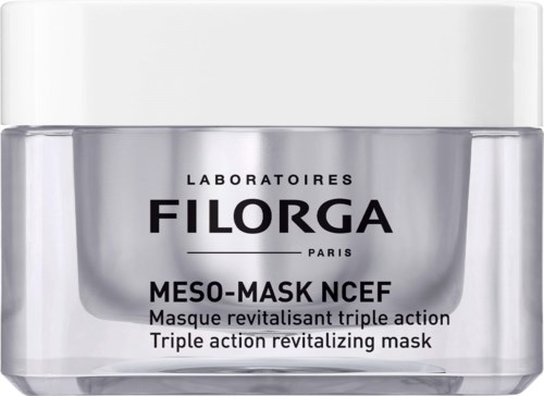 Eine silberne Dose mit weißem Deckel, beschriftet 'Filorga' und 'MESO-MASK NCEF', eine revitalisierende Gesichtsmaske.