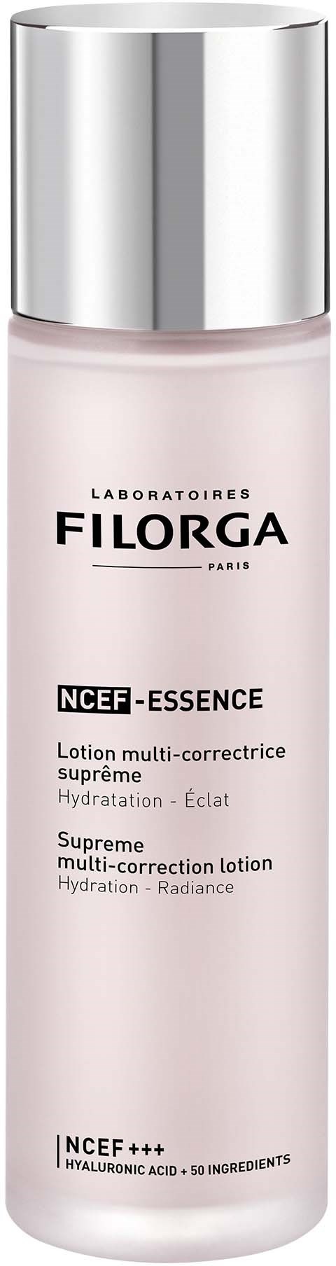 A pink bottle with a silver cap, labeled 'Filorga' and 'NCEF-ESSENCE' for glowing skin care.