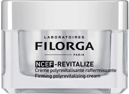 A jar of Filorga revitalizing cream with a simple white and silver design.