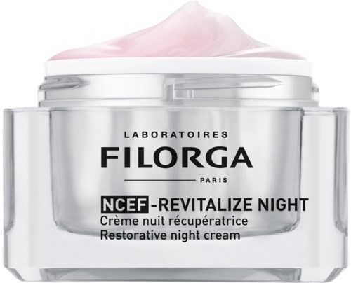 A jar of night cream with pink cream on top, labeled 'Filorga NCEF-Reviatlize Night' from Paris laboratories.