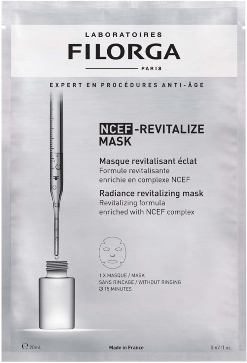 A skincare mask packet from Filorga, featuring a dropper, mask illustration, and instructions for use.