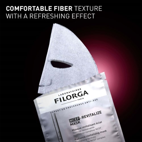 A sheet mask from Filorga, promoting comfortable fiber texture and anti-age skincare benefits.