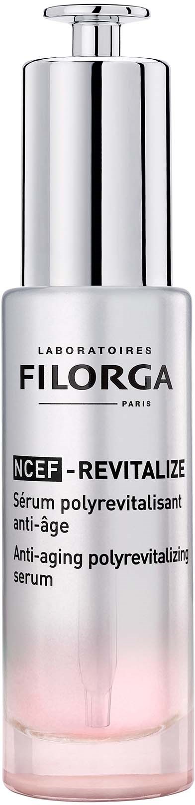 Pitkä, hopeinen pumppupullo, jossa vaaleanpunainen sävy alhaalla, merkitty 'Filorga NCEF-Reviatlize anti-aging serum.'