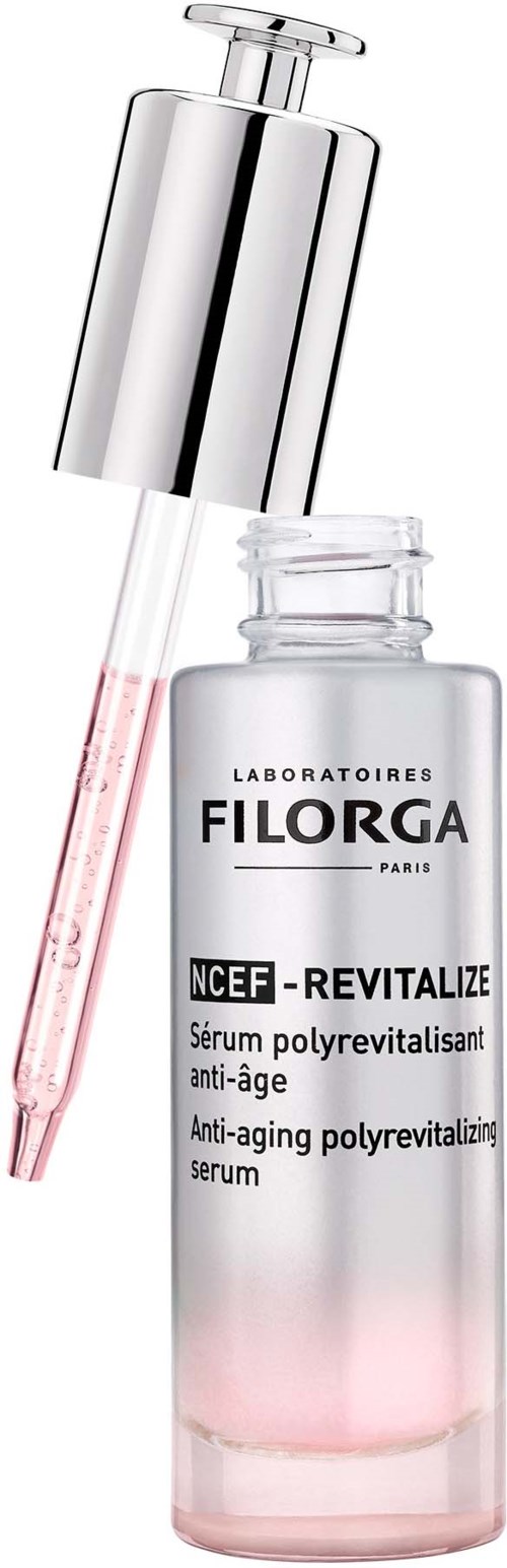 Lasiastia, jossa tippojen kanta sisältää ikääntymisen ehkäisevää seerumia, nimeltään "FILLORGA NCEF-REVITALIZE".