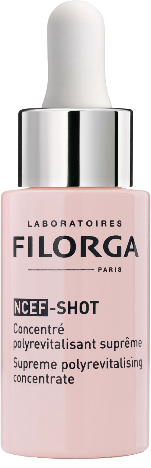 Een roze flesje met pipet, gelabeld 'Filorga NCEF-Shot' voor huidverzorging.