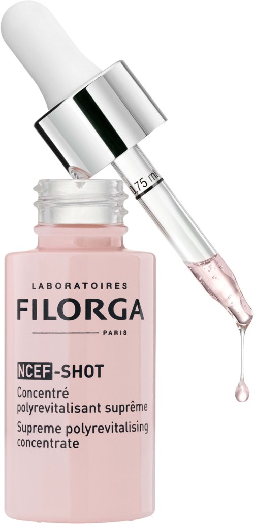 Een roze fles met een glazen pipet, gelabeld "Filorga" en "NCEF-Shot" voor huidverzorging.