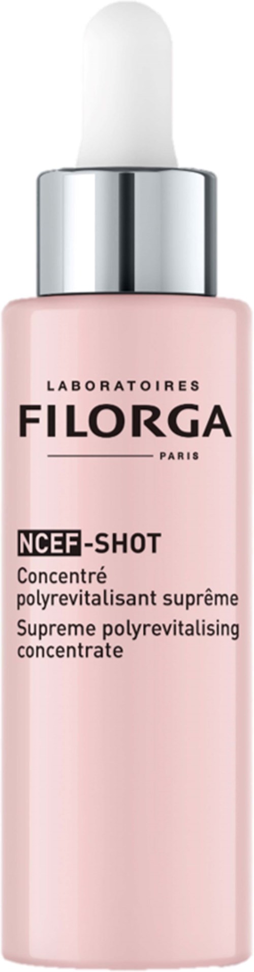 En rosa flaska med droppkapsel, märkt som Filorga NCEF-SHOT, en hudvårdsprodukt.