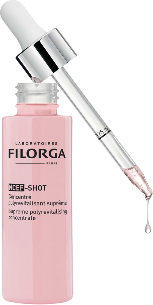 En rosa hudvårdsflaska med pipett, märkt FILORGA, innehållande en serum för hudförnyelse.