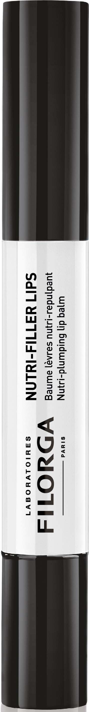 Ein weißes zylindrisches Produkt mit schwarzen Enden und Text, beschriftet "Fiorica Nutri-Filler Lips."