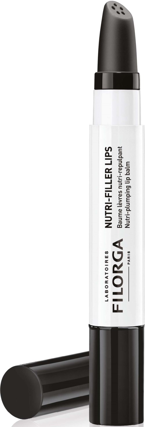 Ein schwarz-weißer Stift, beschriftet mit Filorga und erwähnt Lippen und Volumen.