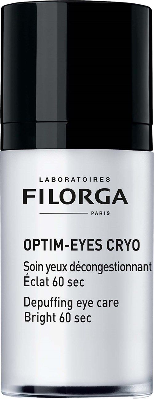 Valkoinen ja musta pullo Filorga Optim-Eyes Cryo -silmänympärysihoolla, musta korkki.