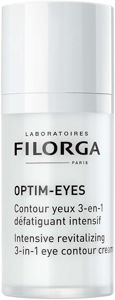 Eine weiße Flasche mit schwarzem Text, bezeichnet Filorga Optim-Eyes, für Augencontourcreme.