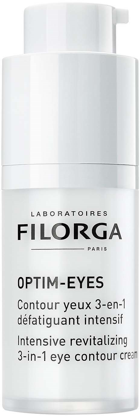 Eine weiße Flasche mit Augencreme, beschriftet "Filorga Optim-Eyes" zur Belebung der Augenkontur.