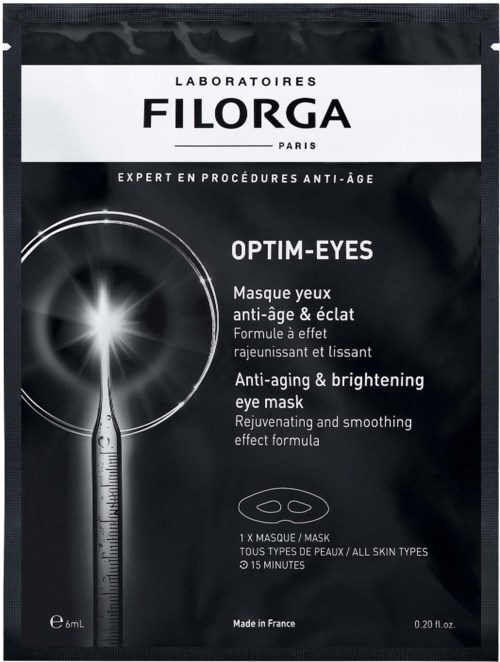 Schwarze Verpackung mit weißen Text und einer Spritzenillustration, bewirbt eine Anti-Aging- und aufhellende Augenmaske von Filorga.