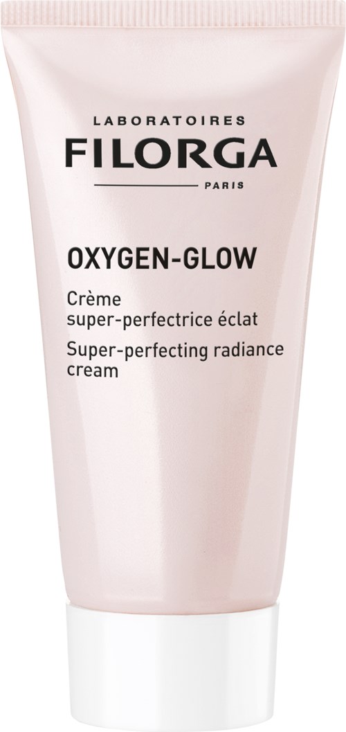 En vit tub med kräm märkt 'Filorga Oxygen-Glow' med svart text, står upprätt.