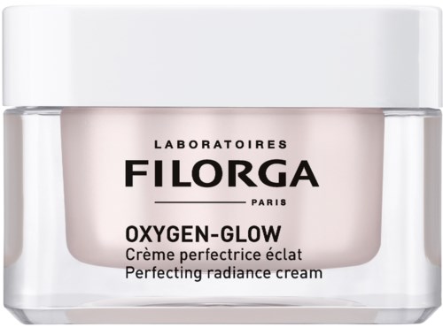 Ein Glas mit Filorga Oxygen-Glow Perfektions-Gesichtcreme, beschriftet mit schwarzem Text auf einem hellrosa Behälter.