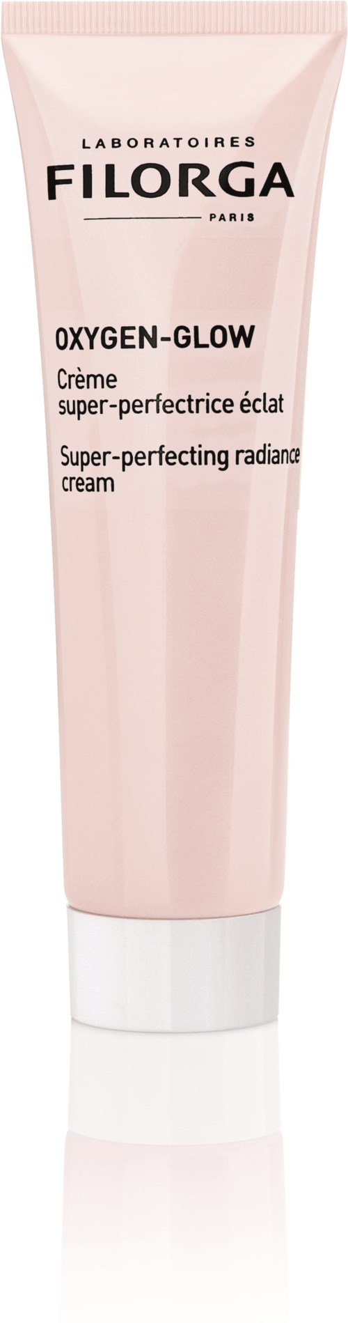 En rosa tub med super-perfektande glow-kräm märkt Filorga Oxygen-Glow. Den har svart och vitt text, en vit kapsyl och en elegant design.