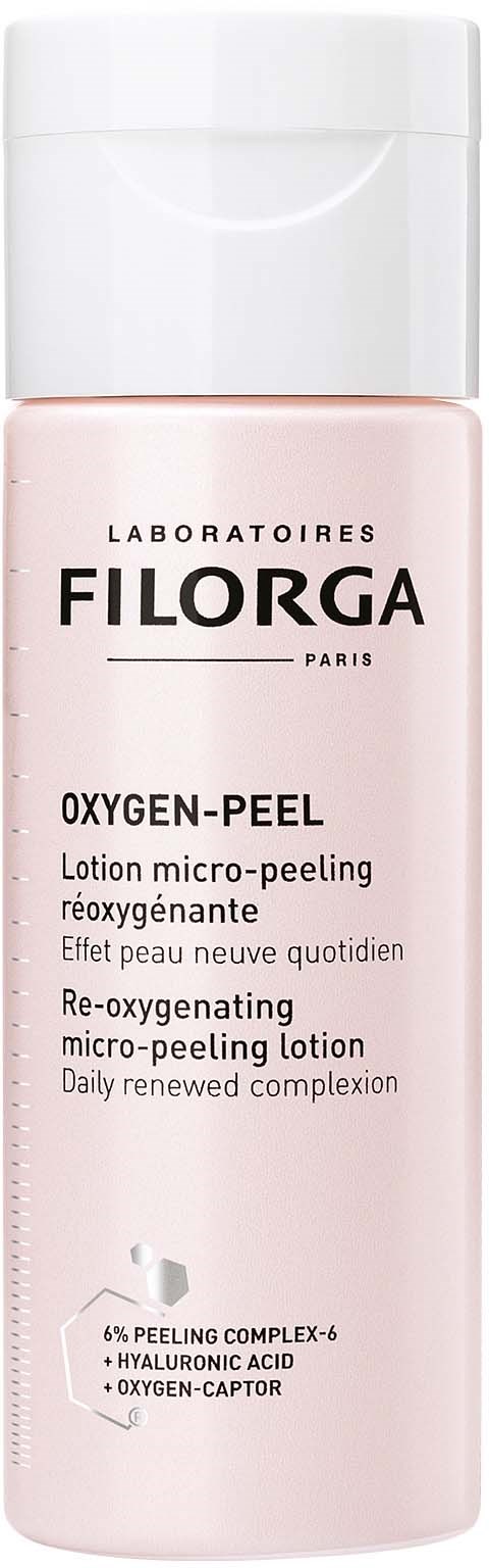 Eine rosa Flasche mit der Aufschrift 'FILORGA Oxygen-Peel' und Details zu Mikro-Peeling-Lotion und Inhaltsstoffen.