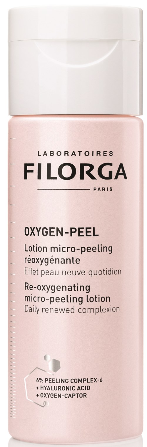 Eine rosa Flasche mit 'Filorga Oxygen-Peel' für Hautpflege, Anweisungen in Französisch und Englisch. Enthält Mikro-Peeling-Lotion.