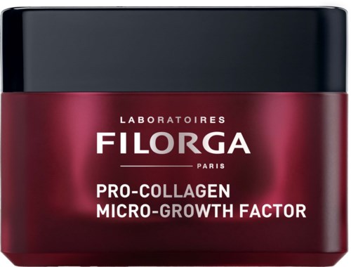 Red jar of Filorga Pro-Collagen Micro-Growth Factor cream with black lid.
