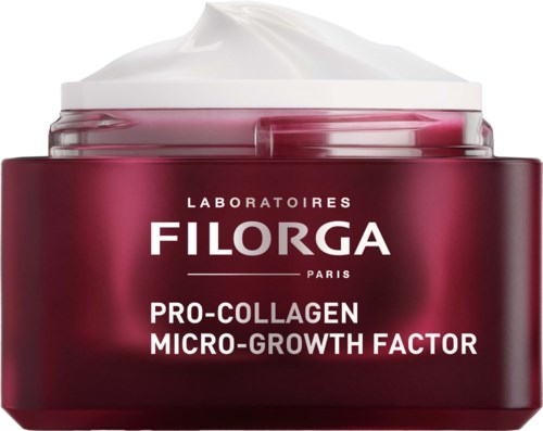 A jar of Filorga Pro-Collagen Micro-Growth Factor cream with white cream inside on a white background.