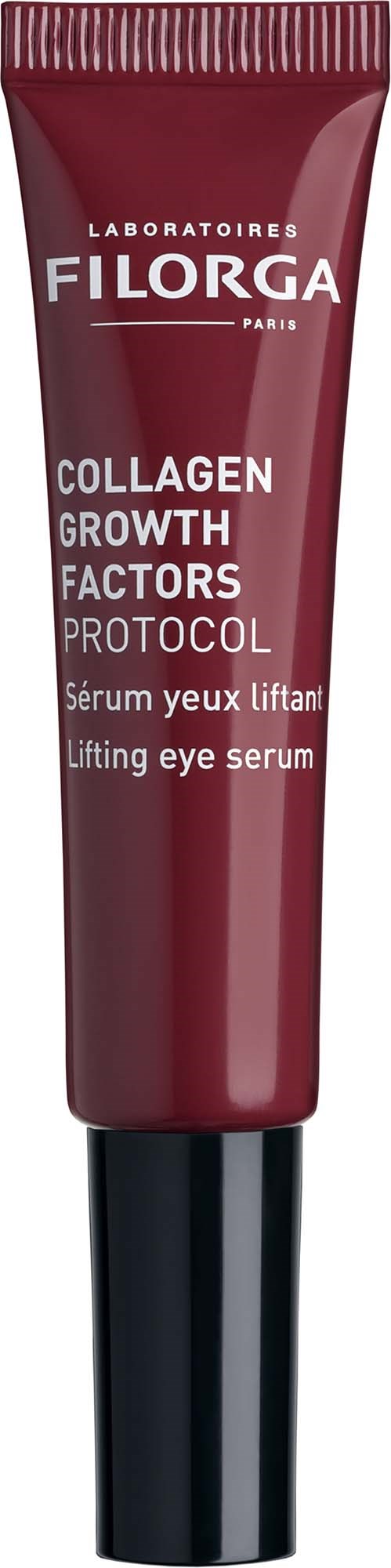 A maroon tube of Filorga collagen eye serum with a black cap labeled lifting eye serum.