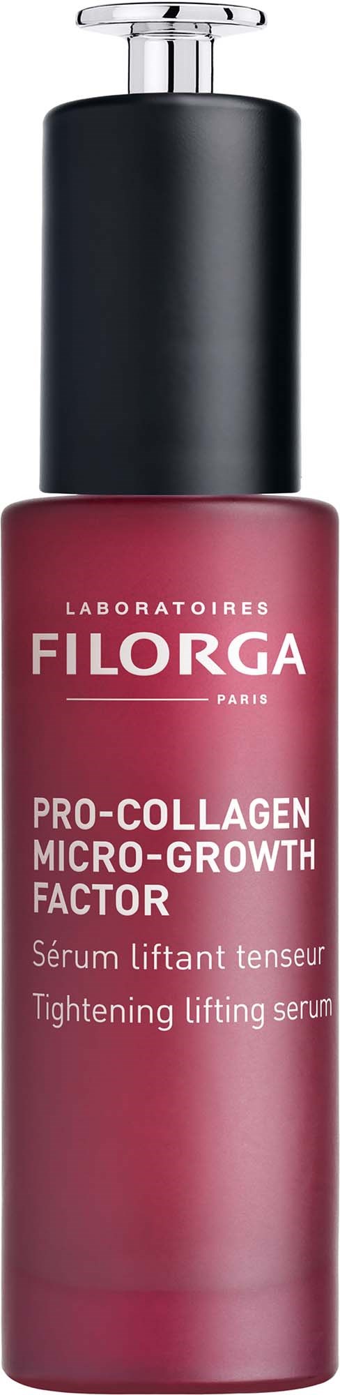 A pink bottle with a black pump top, labeled PRO-COLLAGEN MICRO-GROWTH FACTOR from Filorga. It is a tightening lifting serum.