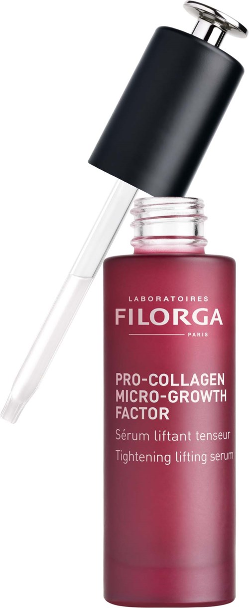 A pink bottle of Filorga Pro-Collagen Micro-Glow Factor tightening serum with a black dropper cap.