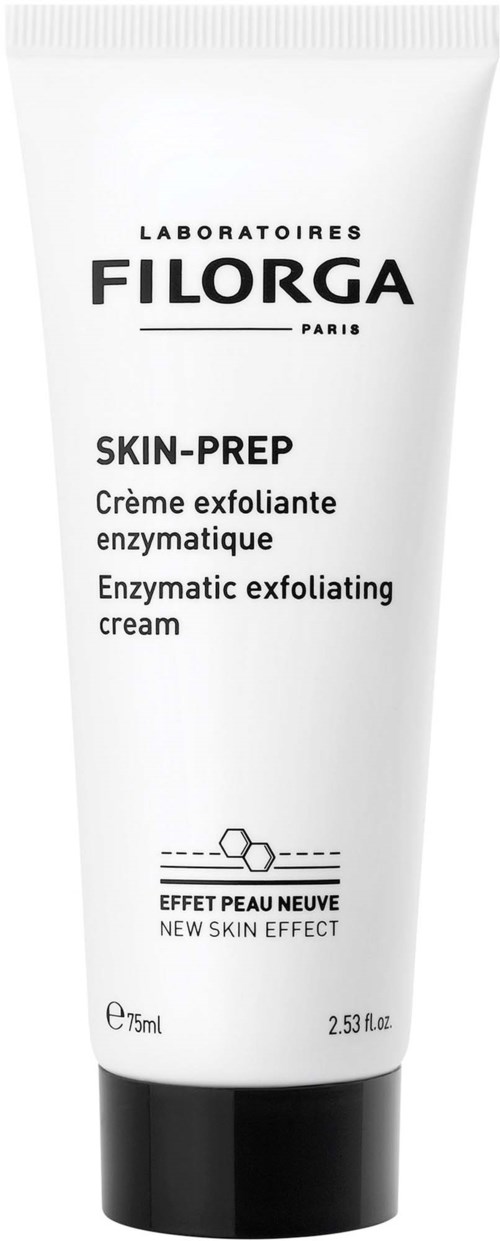 Witte tube met zwarte dop, gemarkeerd als enzymatische exfoliatiecrème voor nieuwe huid effect door Filorga.